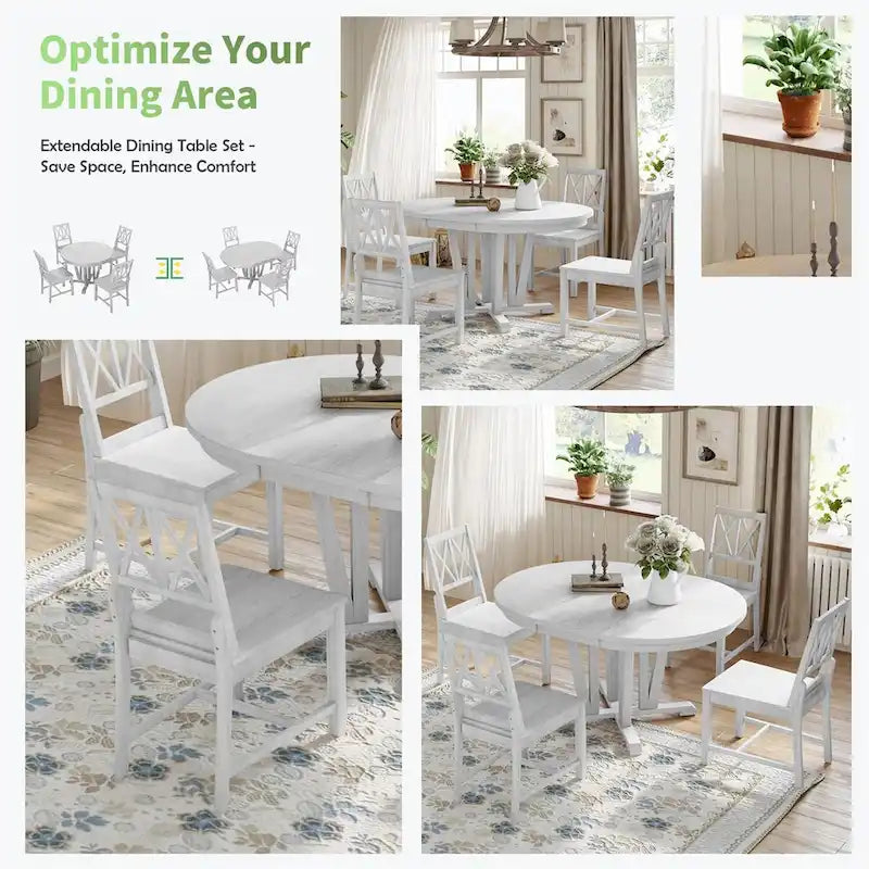 Extendable Dining Table Set Round Trestle Table and 4 Dining Chairs