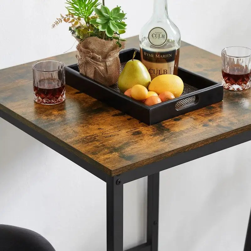 Eureka Industrial Bar Table Set, 3-Piece Dining Table and PU Upholstered Stools Set, Small Counter Height Pub Bistro Table Set