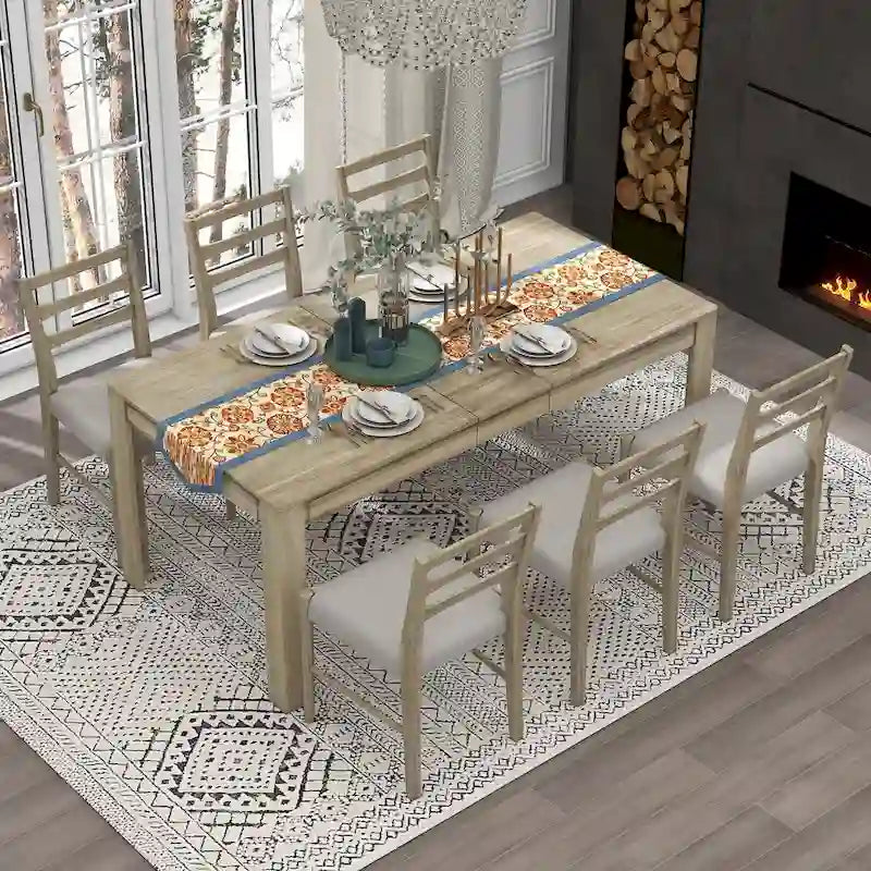 7-Piece Wooden Dining Table Set with 12 Leaf