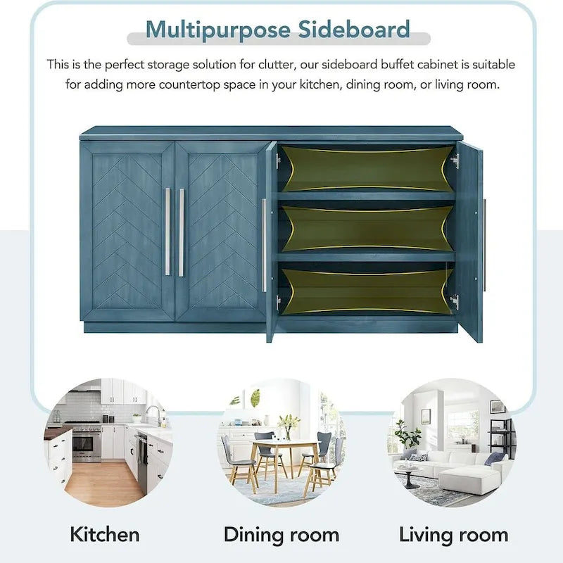 60 Dining Buffet And Sideboard with 4 Doors, Adjustable Shelves, and Handles
