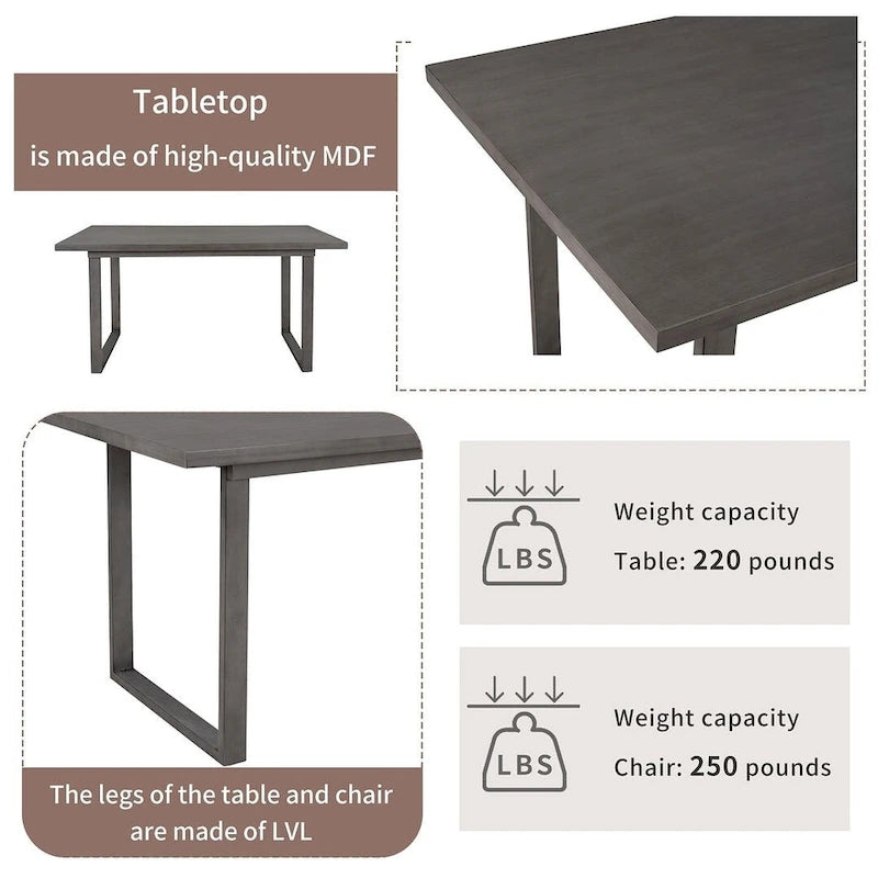 60 Rectangular Solid Wood Dining Table with 4 Upholstered Chairs and Bench
