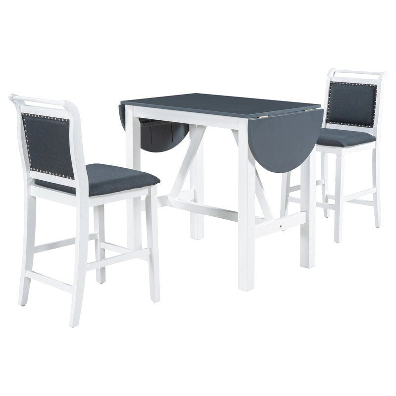 3-Piece Wood Counter Height Drop Leaf Dining Table Set with 2 Upholstered Dining Chairs for Small Place
