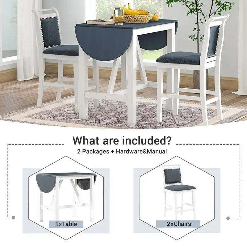 3-Piece Wood Counter Height Drop Leaf Dining Table Set with 2 Upholstered Dining Chairs for Small Place