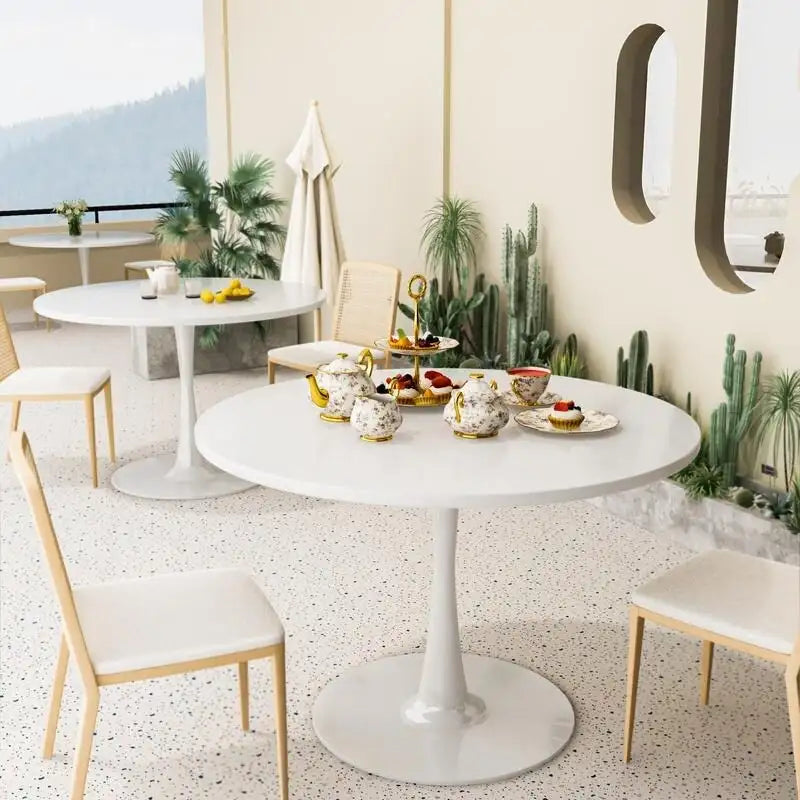 Grondin Mid-Century Modern Round Kitchen or Dining Table with Premium MDF Top and Steel Pedestal Base for Dining Room