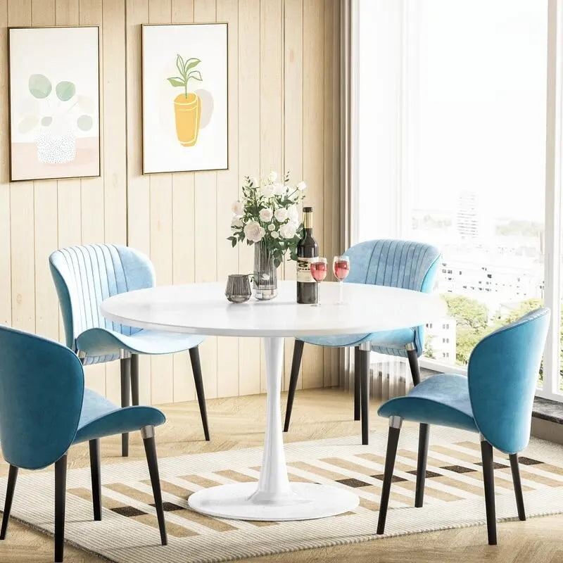 Grondin Mid-Century Modern Round Kitchen or Dining Table with Premium MDF Top and Steel Pedestal Base for Dining Room