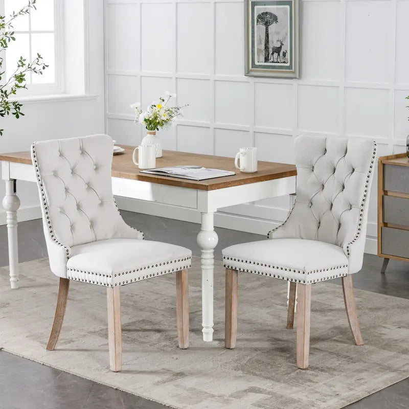 Set of 2 Linen Or Velvet Upholstered Dining Chairs with Nailhead Trim and Wooden Legs