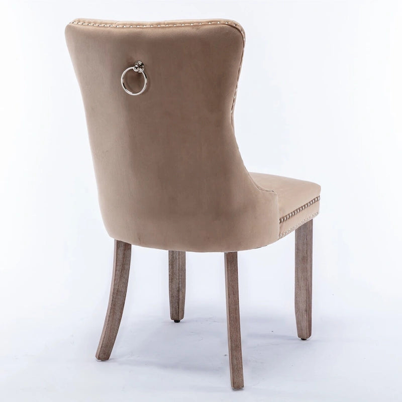 Set of 2 Linen Or Velvet Upholstered Dining Chairs with Nailhead Trim and Wooden Legs
