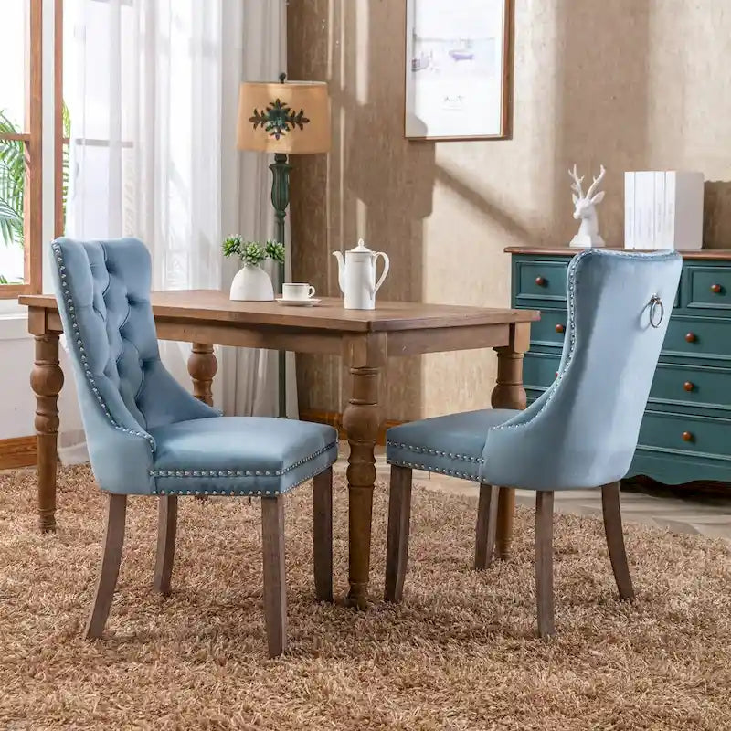 Set of 2 Linen Or Velvet Upholstered Dining Chairs with Nailhead Trim and Wooden Legs