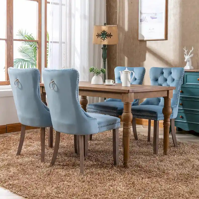 Set of 2 Linen Or Velvet Upholstered Dining Chairs with Nailhead Trim and Wooden Legs