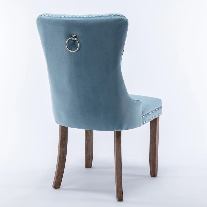 Set of 2 Linen Or Velvet Upholstered Dining Chairs with Nailhead Trim and Wooden Legs