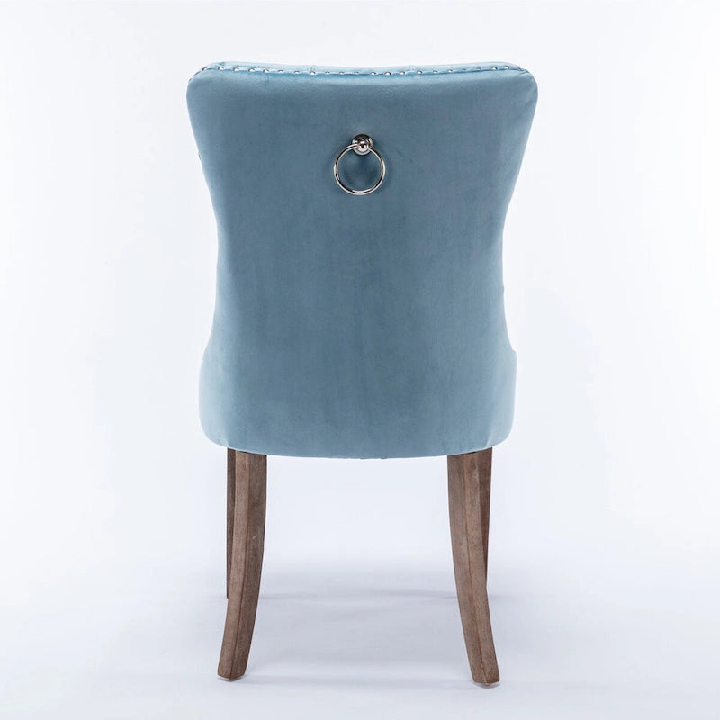 Set of 2 Linen Or Velvet Upholstered Dining Chairs with Nailhead Trim and Wooden Legs