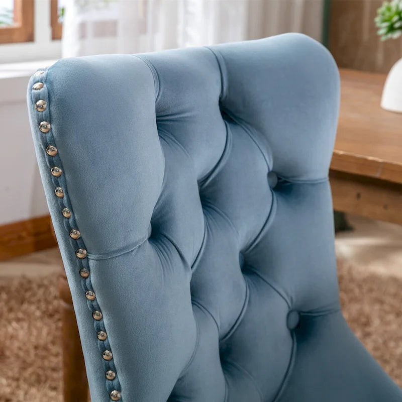 Set of 2 Linen Or Velvet Upholstered Dining Chairs with Nailhead Trim and Wooden Legs