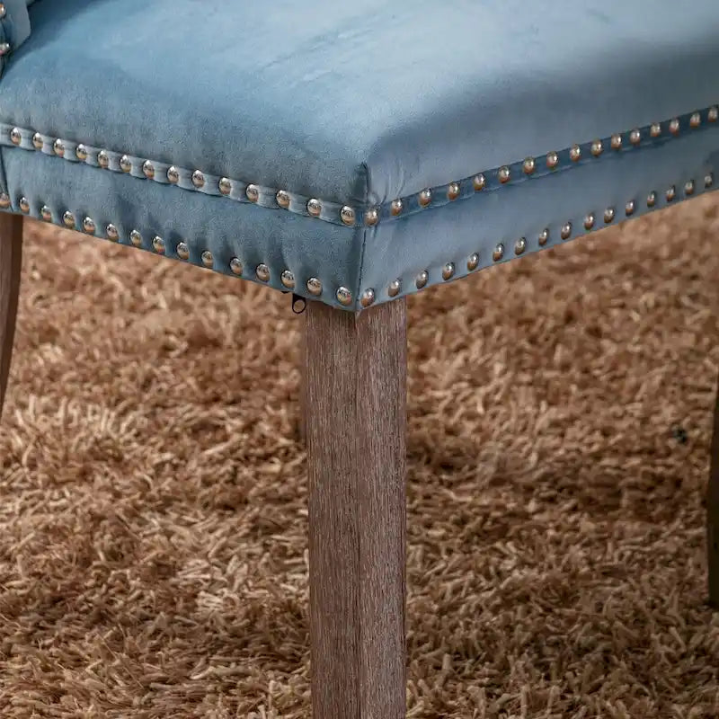 Set of 2 Linen Or Velvet Upholstered Dining Chairs with Nailhead Trim and Wooden Legs