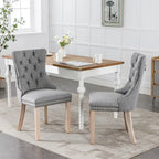 Set of 2 Linen Or Velvet Upholstered Dining Chairs with Nailhead Trim and Wooden Legs