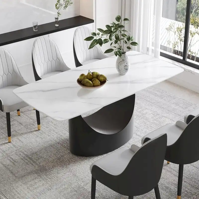 71 Black Marble Sintered Stone Table Top,Rectangle Dining Room Table with Unique U-Shape Black Carbon Steel Pedestal