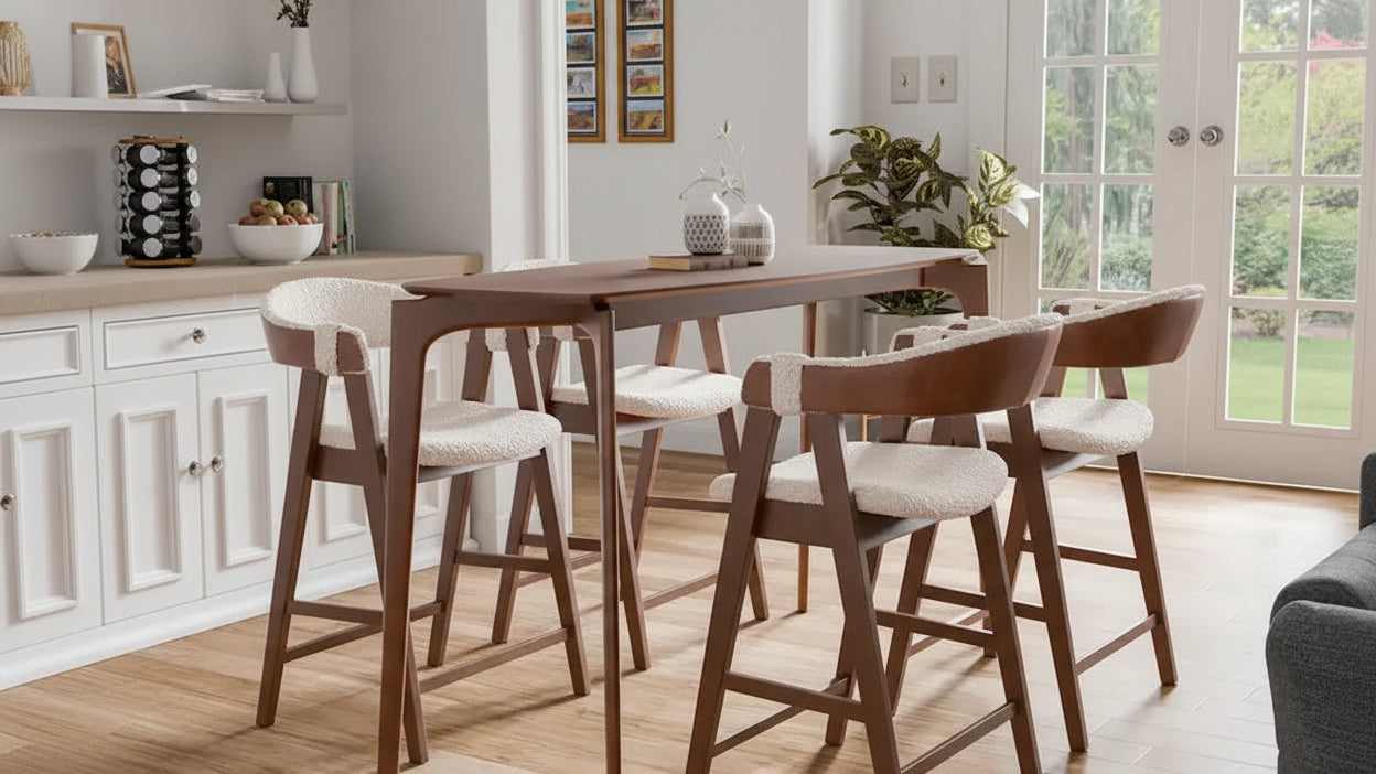  Shaw Mid-century 5-Piece Walnut Wood Counter Height Table Set with 4 Chairs