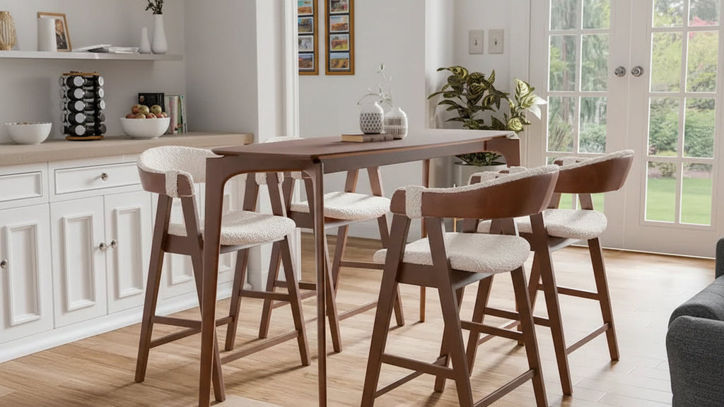  Shaw Mid-century 5-Piece Walnut Wood Counter Height Table Set with 4 Chairs
