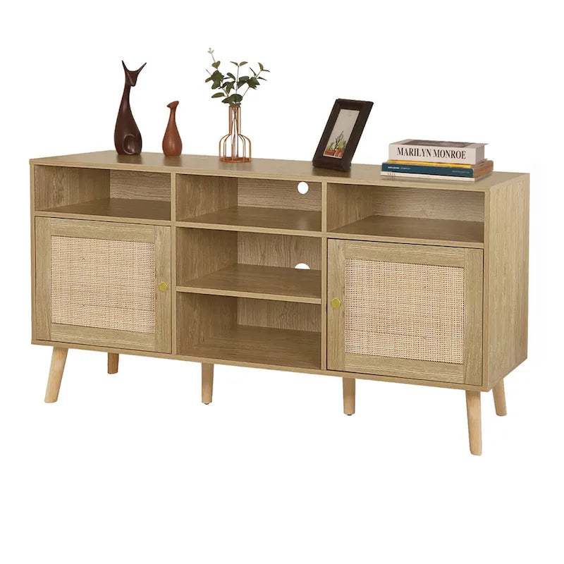 Anmytek Modern Rattan Wood TV Stand Console Table Entertainment Centers for TVs up to 65 - 59