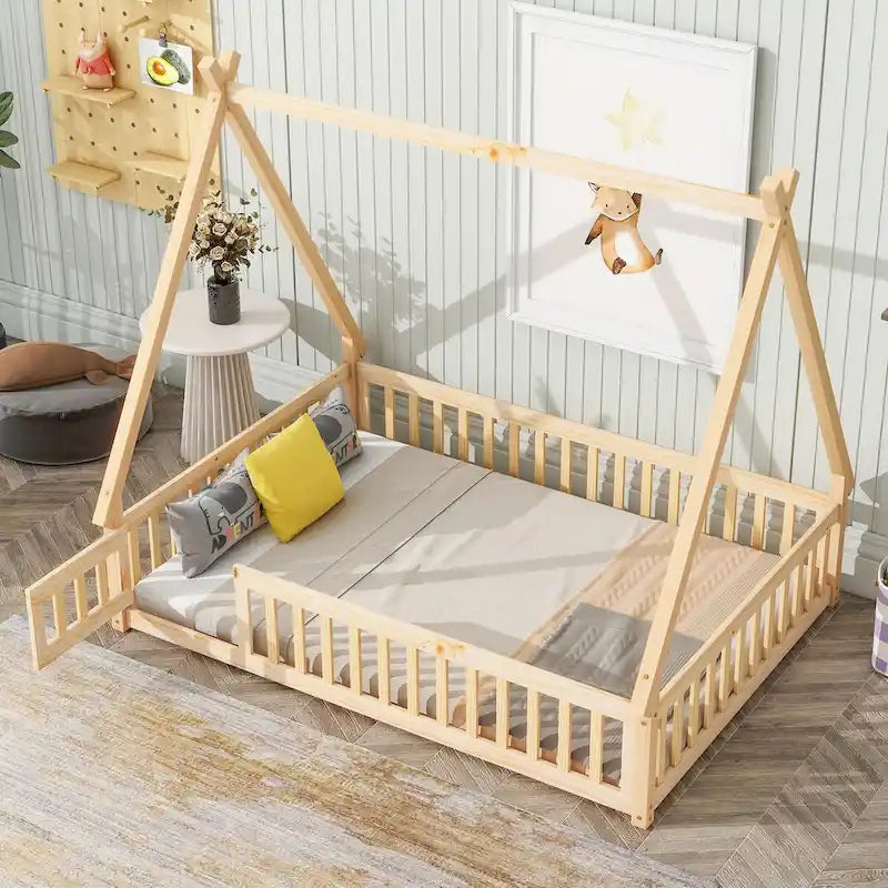 Full Size Tent-shaped Floor Bed with Guardrails, Slats, and Door