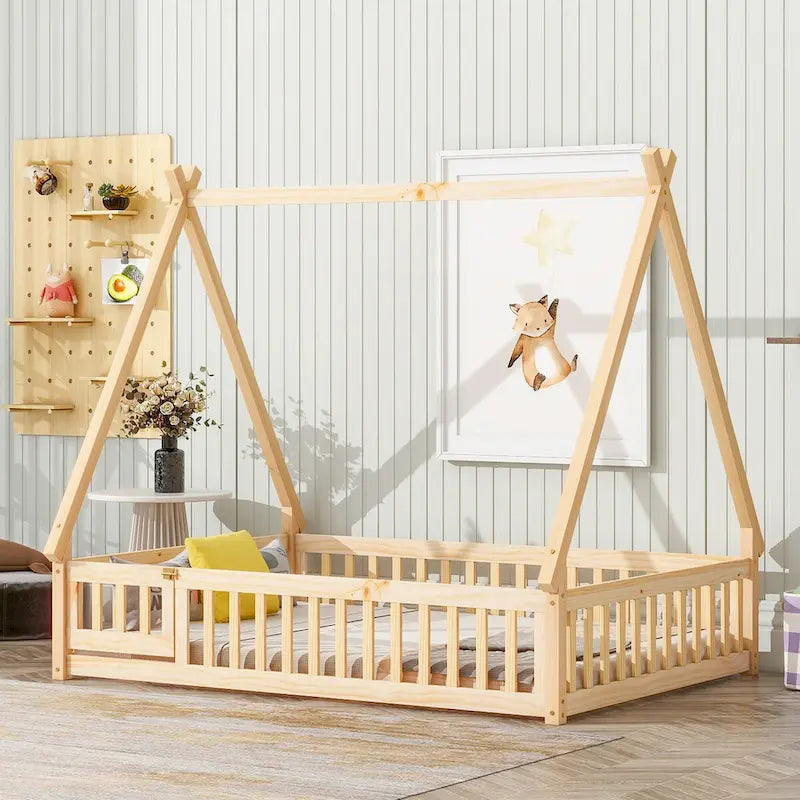 Full Size Tent-shaped Floor Bed with Guardrails, Slats, and Door