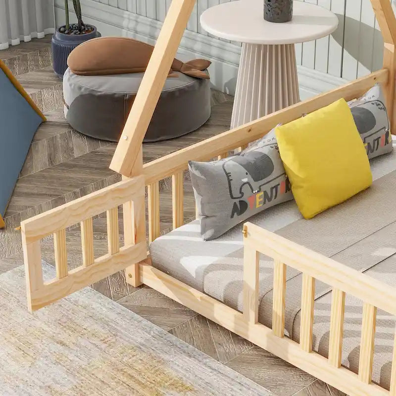 Full Size Tent-shaped Floor Bed with Guardrails, Slats, and Door