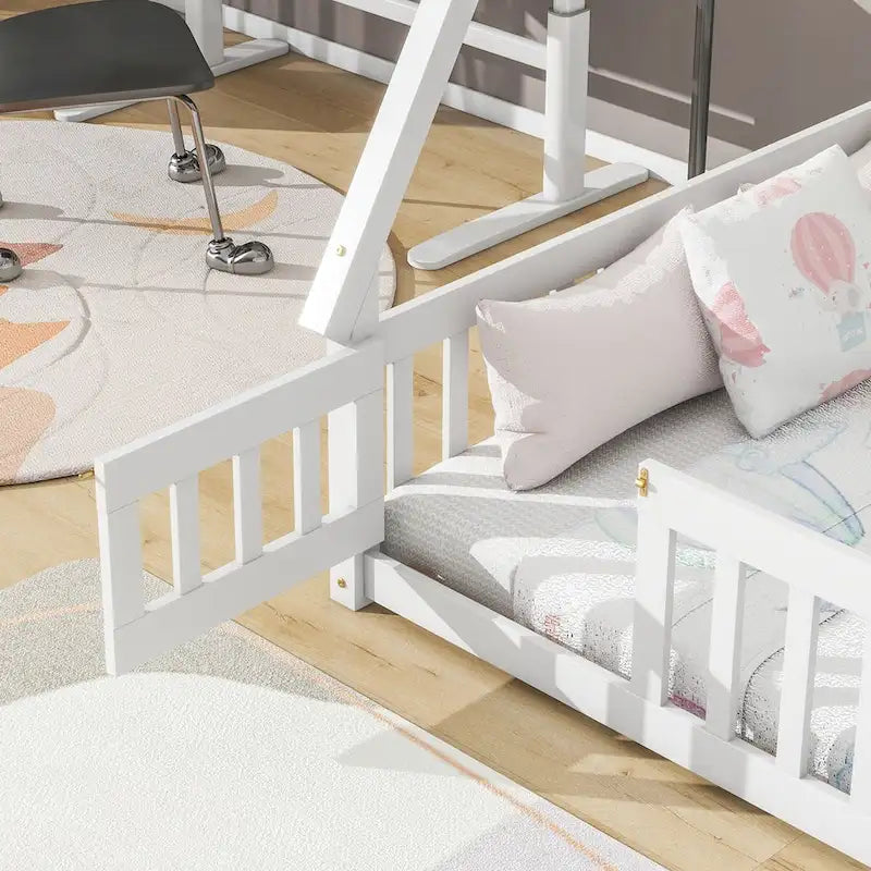 Full Size Tent-shaped Floor Bed with Guardrails, Slats, and Door