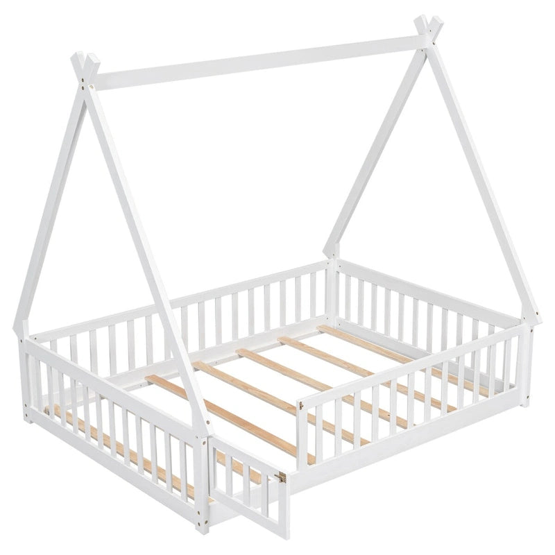 Full Size Tent-shaped Floor Bed with Guardrails, Slats, and Door