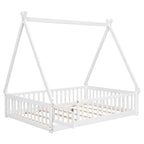 Full Size Tent-shaped Floor Bed with Guardrails, Slats, and Door