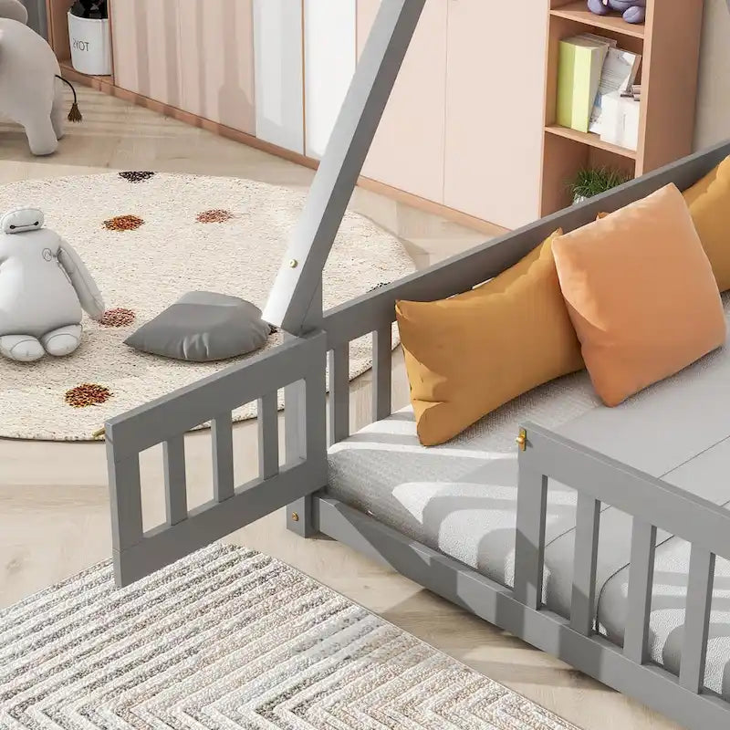 Full Size Tent-shaped Floor Bed with Guardrails, Slats, and Door