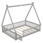 Full Size Tent-shaped Floor Bed with Guardrails, Slats, and Door