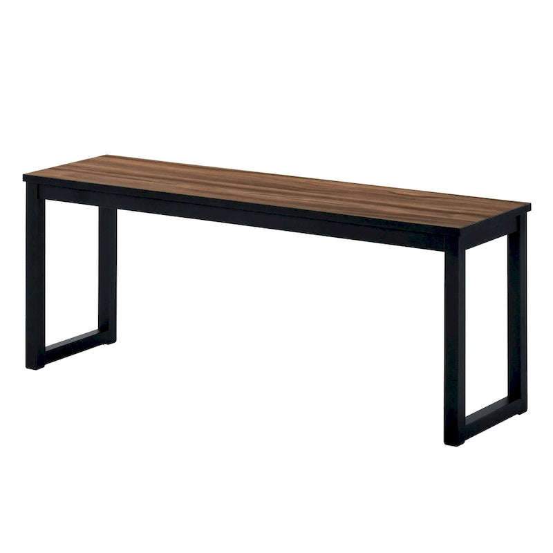 3 Piece Dining Table Set, 2 Benches, Brown Wood Grain Top, Black Metal