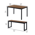 3 Piece Dining Table Set, 2 Benches, Brown Wood Grain Top, Black Metal