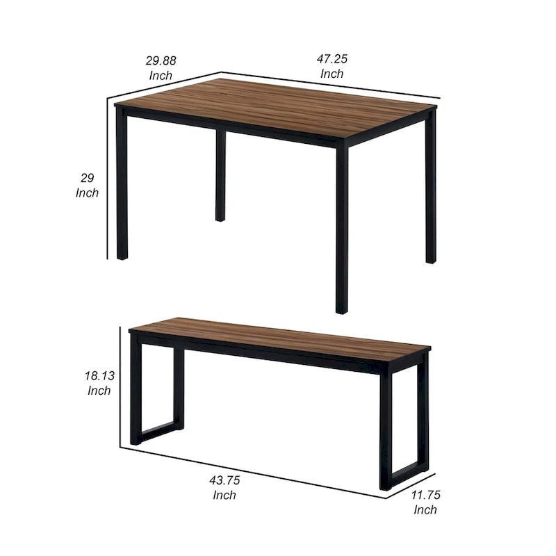 3 Piece Dining Table Set, 2 Benches, Brown Wood Grain Top, Black Metal