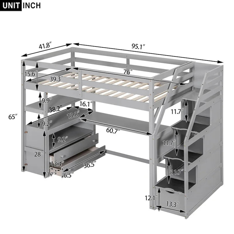 Nestfair Twin Size Loft Bed with Desk and Shelves