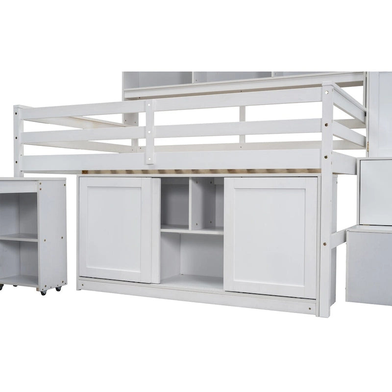 Full Size Wooden Loft Bed Big Storage with Under-bed Desk