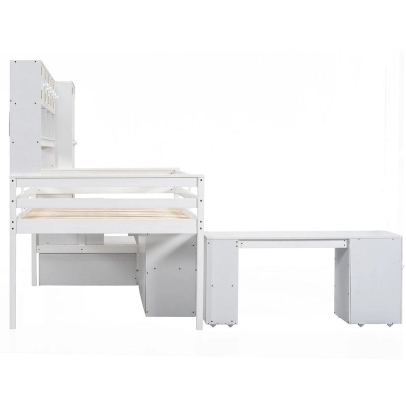 Full Size Wooden Loft Bed Big Storage with Under-bed Desk