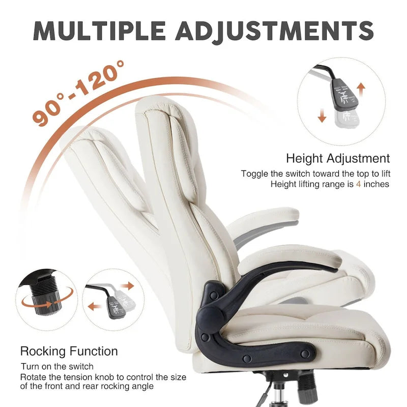 Executive Office PU Leather Desk Chair High Back Flip-Up Armrest Adjustable Ergonomic Home Office Chair