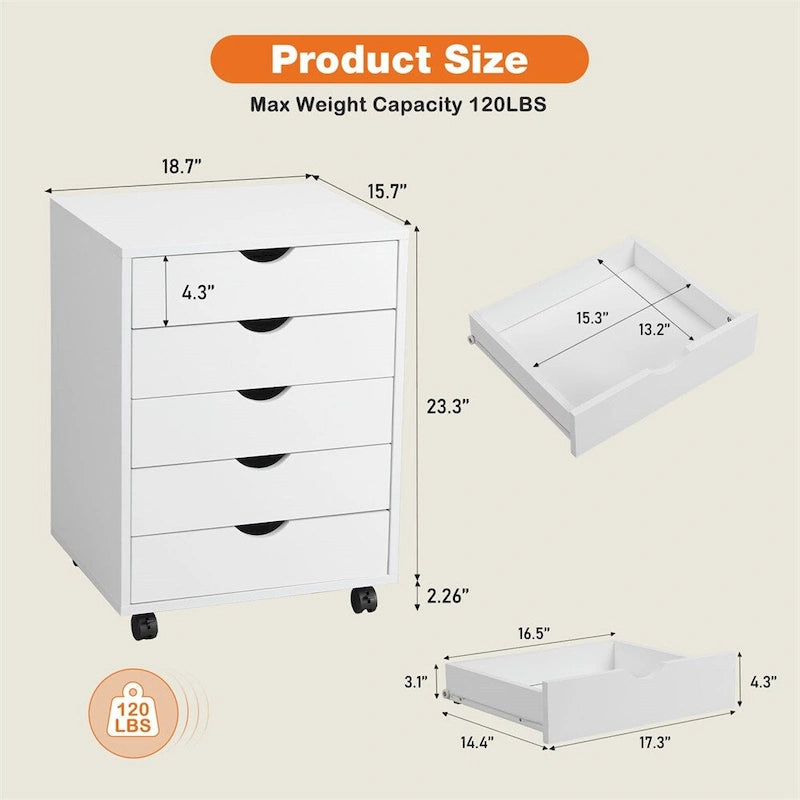 5 Drawer Wood File Cabinet with Wheels and Metal Slides