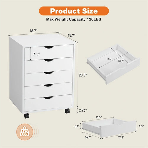 5 Drawer Wood File Cabinet with Wheels and Metal Slides