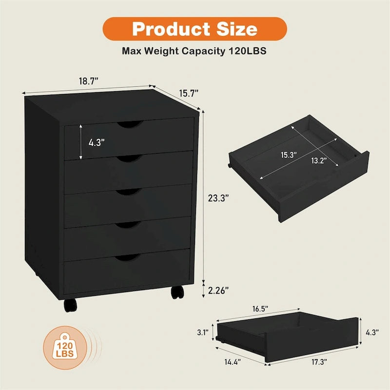 5 Drawer Wood File Cabinet with Wheels and Metal Slides