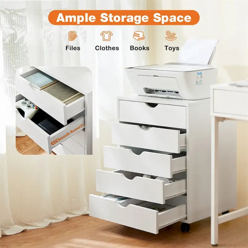 5 Drawer Wood File Cabinet with Wheels and Metal Slides