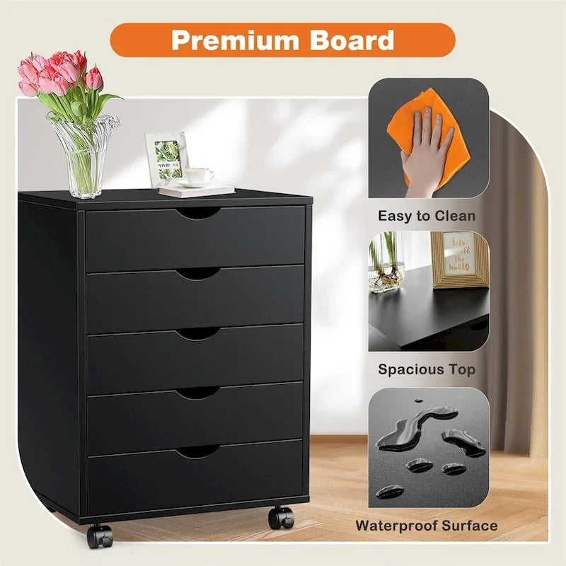 5 Drawer Wood File Cabinet with Wheels and Metal Slides