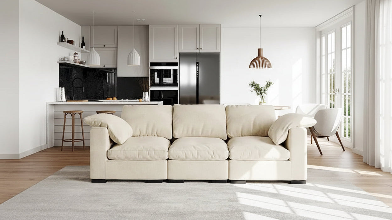 86.61 Modern Farmhouse Deep 3-Seater Sofa, Track Arm Couch, Linen Fabric Sofa