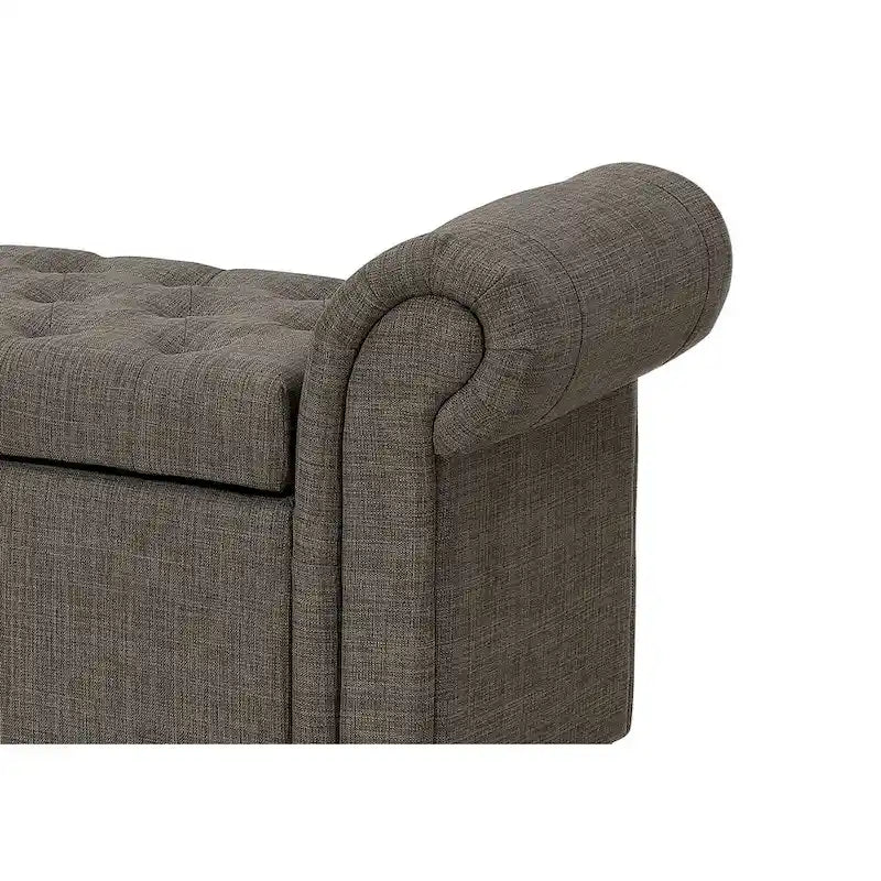54 Inch Storage Bench, Polyester Linen, Rolled Arms, Tufted, Smooth Gray