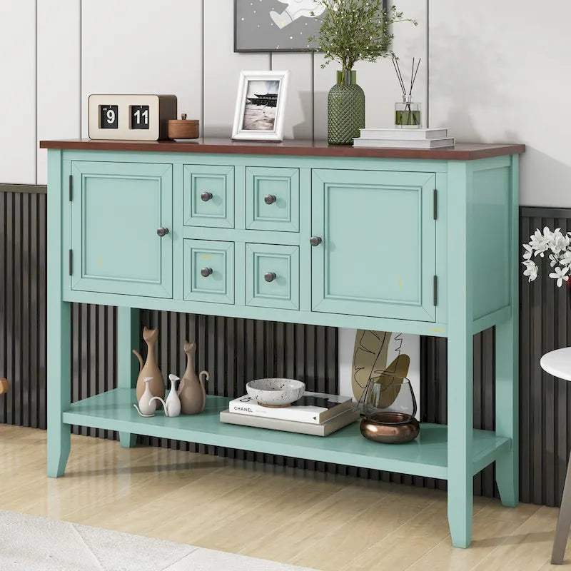 Vintage Console Table with Four Small Drawers and Bottom Shelf