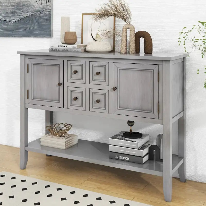 Vintage Console Table with Four Small Drawers and Bottom Shelf