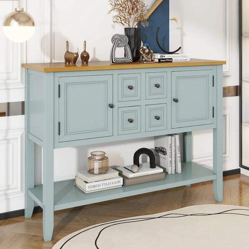 Vintage Console Table with Four Small Drawers and Bottom Shelf