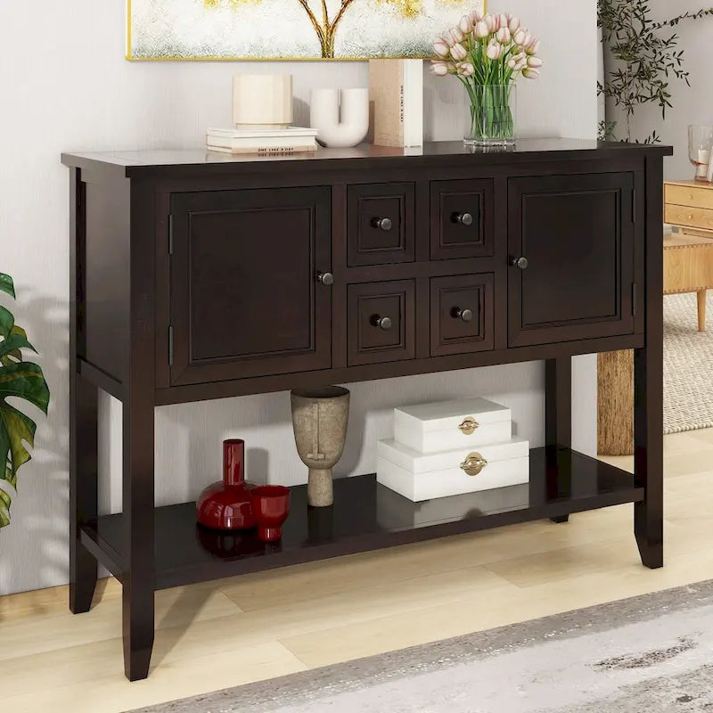 Vintage Console Table with Four Small Drawers and Bottom Shelf