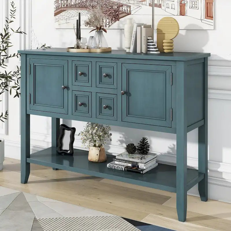 Vintage Console Table with Four Small Drawers and Bottom Shelf