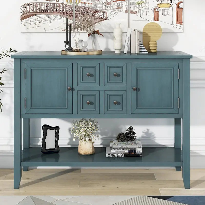 Vintage Console Table with Four Small Drawers and Bottom Shelf